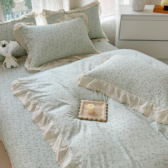 91家纺网 家纺一手货源 找家纺 添越家纺2025新款纯棉砂洗床盖三件套四件套系列春田-绿