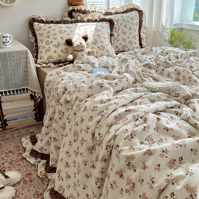 91家纺网 家纺一手货源 找家纺 轻奢坊 2025新款复古风双层纱水洗棉夏被四件套 夏被-木槿