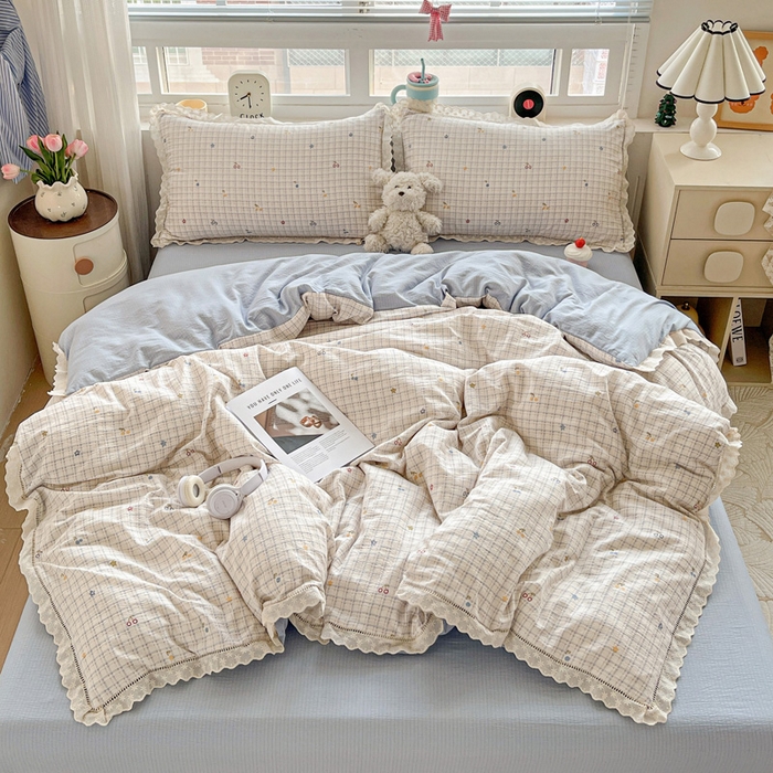 91家纺网 家纺一手货源 找家纺 2025新款云感木棉皱皱双层纱全棉花边四件套 遇见