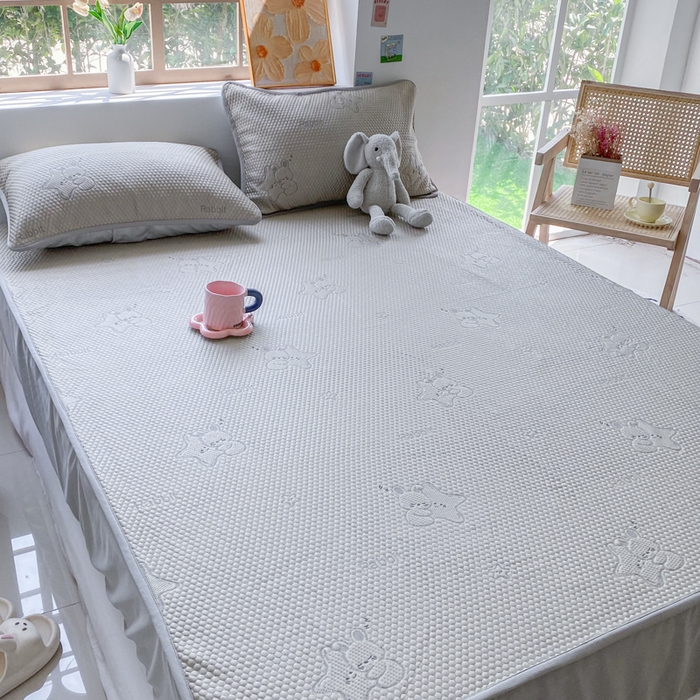 91家纺网 家纺一手货源 找家纺 千朵 2025新款凉感PE冰豆豆提花床笠款凉席 星星兔香槟