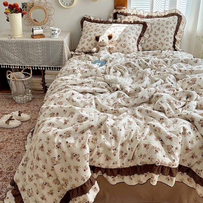 91家纺网 家纺一手货源 找家纺 轻奢坊 2025新款复古风双层纱水洗棉夏被四件套 夏被-木槿