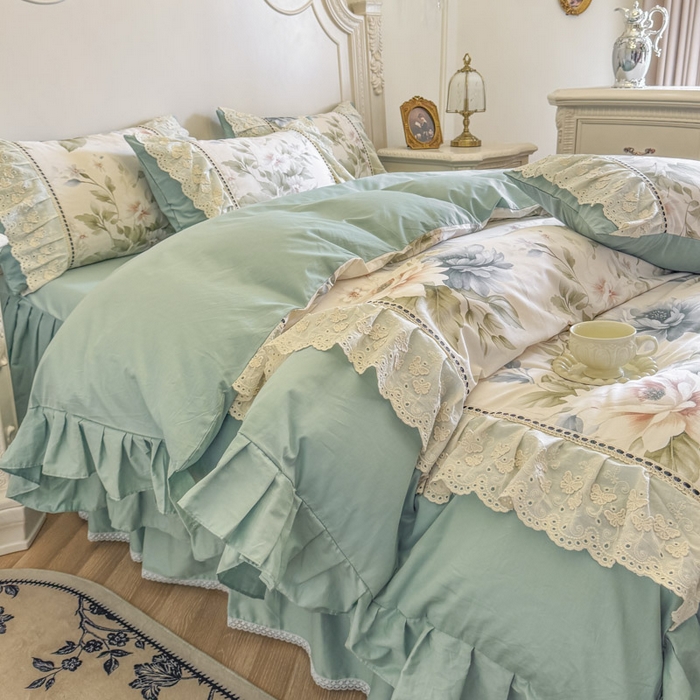 91家纺网 家纺一手货源 找家纺 亲亲公主 2025新款全棉法式花边四件套--米娅 米娅一孔雀蓝