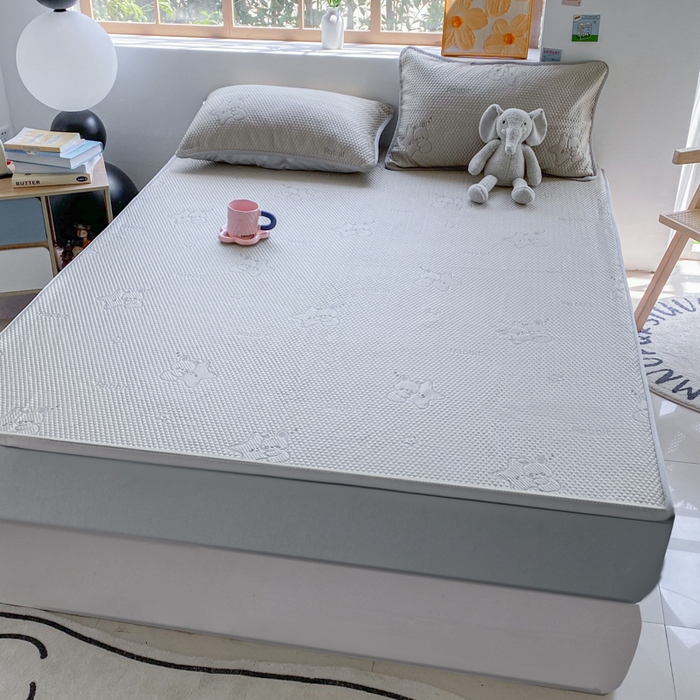 91家纺网 家纺一手货源 找家纺 千朵 2025新款凉感PE冰豆豆提花床笠款凉席 星星兔香槟