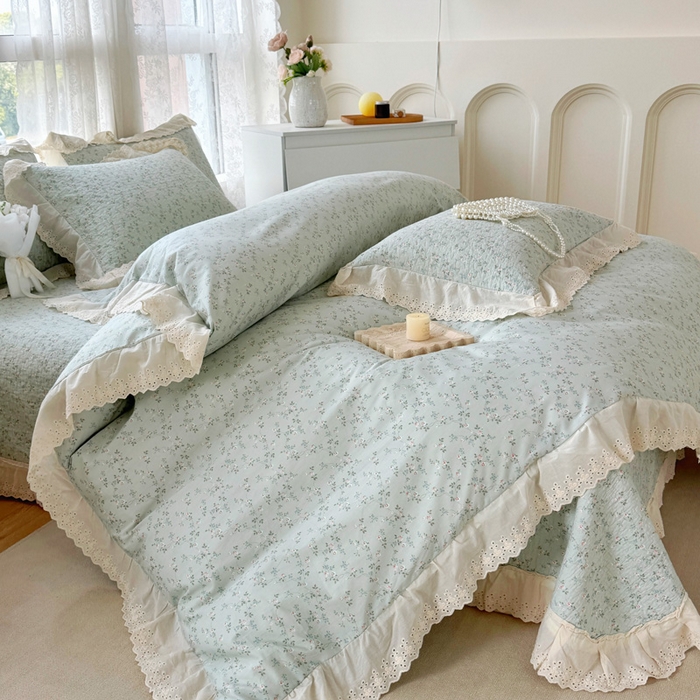 91家纺网 家纺一手货源 找家纺 添越家纺2025新款纯棉砂洗床盖三件套四件套系列春田-绿