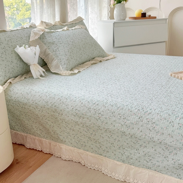 91家纺网 家纺一手货源 找家纺 添越家纺2025新款纯棉砂洗床盖三件套四件套系列春田-绿