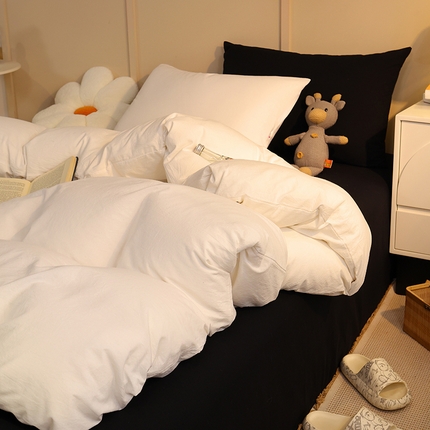 91家纺网 家纺一手货源 找家纺 （总）缦绣阁家纺 2025新款亲肤水洗棉纯色双拼四件套简约风床单款床笠款四件套宿舍三件套