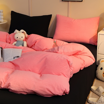 91家纺网 家纺一手货源 找家纺 （总）缦绣阁家纺 2025新款亲肤水洗棉纯色双拼四件套简约风床单款床笠款四件套宿舍三件套