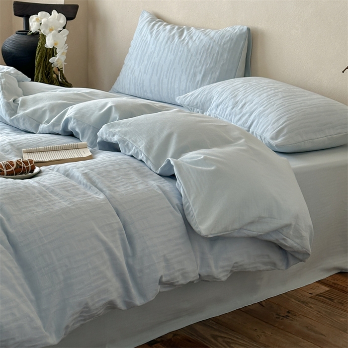 91家纺网 家纺一手货源 找家纺 梦享生活家居 2025新款色织三层提花人字纹面料四件套-青春系列恋青春天蓝