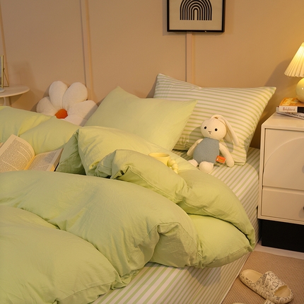 缦绣阁家纺 2025新款亲肤水洗棉纯色双拼四件套简约风床单款床笠款四件套宿舍三件套 双拼果绿+条纹绿
