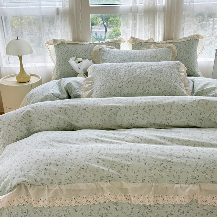 91家纺网 家纺一手货源 找家纺 添越家纺2025新款纯棉砂洗床盖三件套四件套系列春田-绿