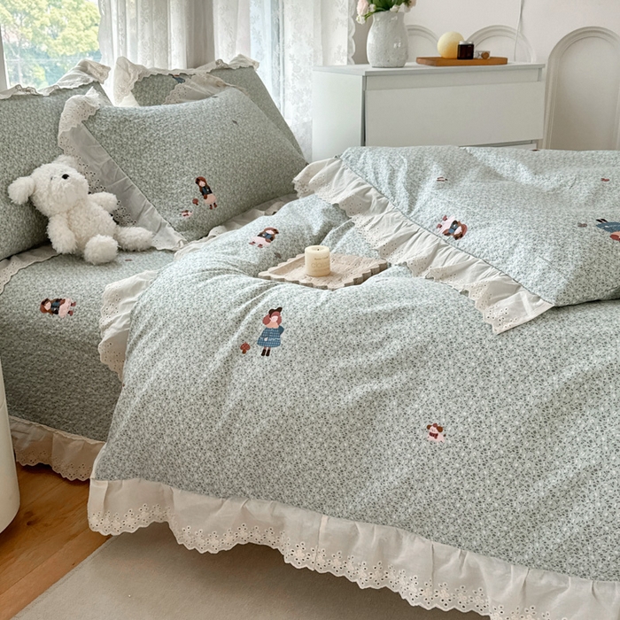 91家纺网 家纺一手货源 找家纺 添越家纺2025新款纯棉砂洗床盖三件套四件套系列森林女孩