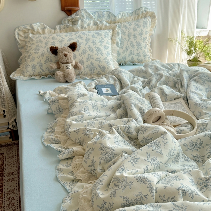 91家纺网 家纺一手货源 找家纺 轻奢坊 2025新款复古风双层纱水洗棉夏被四件套 夏被-麦穗蓝