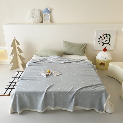 麻依 2025新款花边天丝棉冷感毯 可可樱桃-灰蓝