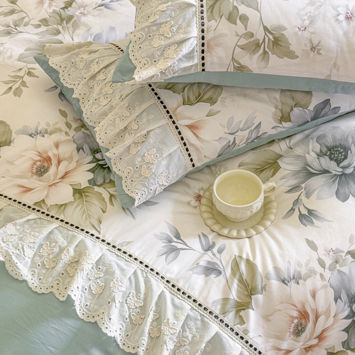 91家纺网 家纺一手货源 找家纺 亲亲公主 2025新款全棉法式花边四件套--米娅 米娅一孔雀蓝