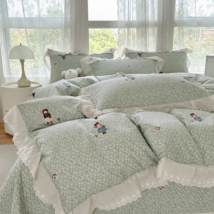 91家纺网 家纺一手货源 找家纺 添越家纺2025新款纯棉砂洗床盖三件套四件套系列森林女孩