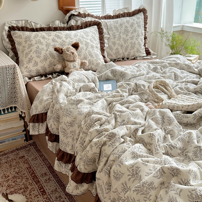 91家纺网 家纺一手货源 找家纺 轻奢坊 2025新款复古风双层纱水洗棉夏被四件套 夏被-麦穗白