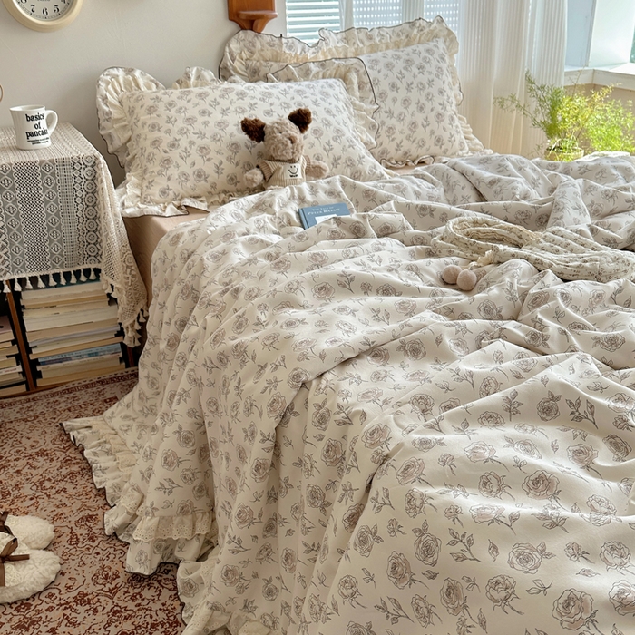 91家纺网 家纺一手货源 找家纺 轻奢坊 2025新款复古风双层纱水洗棉夏被四件套 夏被-玫瑰