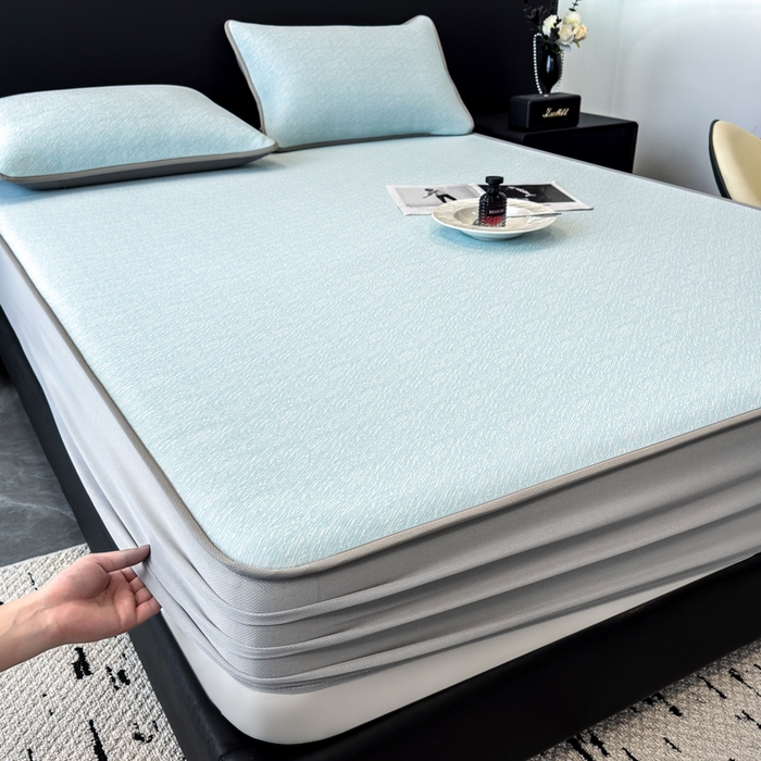 91家纺网 家纺一手货源 找家纺 九花鹿 2025新款凉感肌理纹冰丝席-床笠款 床笠款-肌理纹(天空蓝）