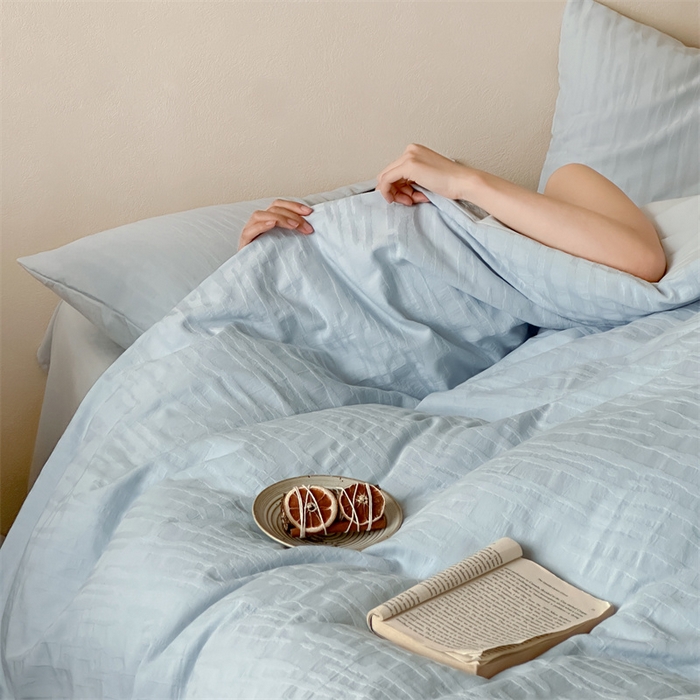 91家纺网 家纺一手货源 找家纺 梦享生活家居 2025新款色织三层提花人字纹面料四件套-青春系列恋青春天蓝