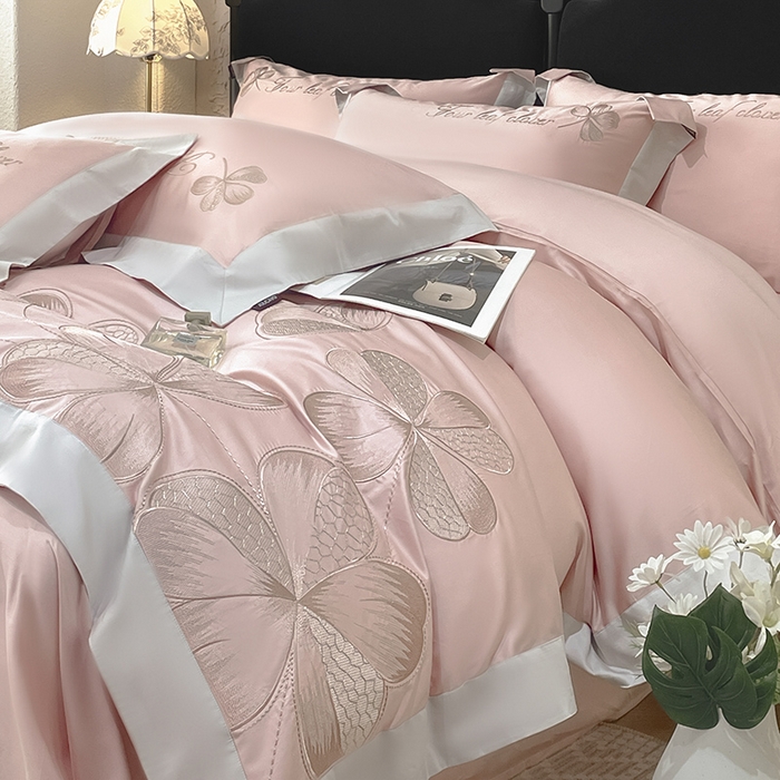 91家纺网 家纺一手货源 找家纺 【直播爆款】A类全棉四件套纯棉轻奢重工刺绣床单床笠夏季床单床笠床上用品 绮梦-颜粉