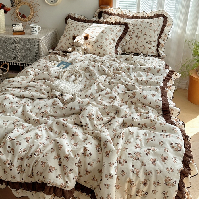 91家纺网 家纺一手货源 找家纺 轻奢坊 2025新款复古风双层纱水洗棉夏被四件套 夏被-木槿