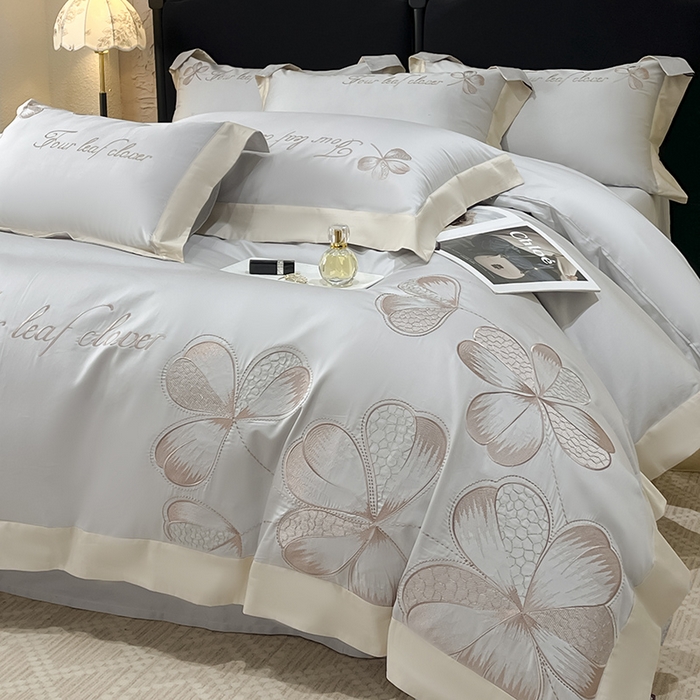 91家纺网 家纺一手货源 找家纺 【直播爆款】A类全棉四件套纯棉轻奢重工刺绣床单床笠夏季床单床笠床上用品 绮梦-烟灰