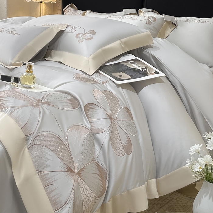 91家纺网 家纺一手货源 找家纺 【直播爆款】A类全棉四件套纯棉轻奢重工刺绣床单床笠夏季床单床笠床上用品 绮梦-烟灰