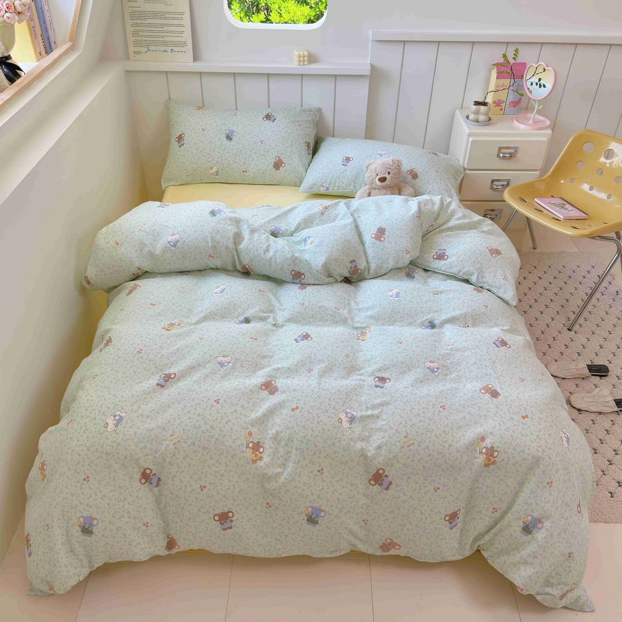 91家纺网 家纺一手货源 找家纺 于果 2025新款双层纱四件套第五批 少女象（绿）