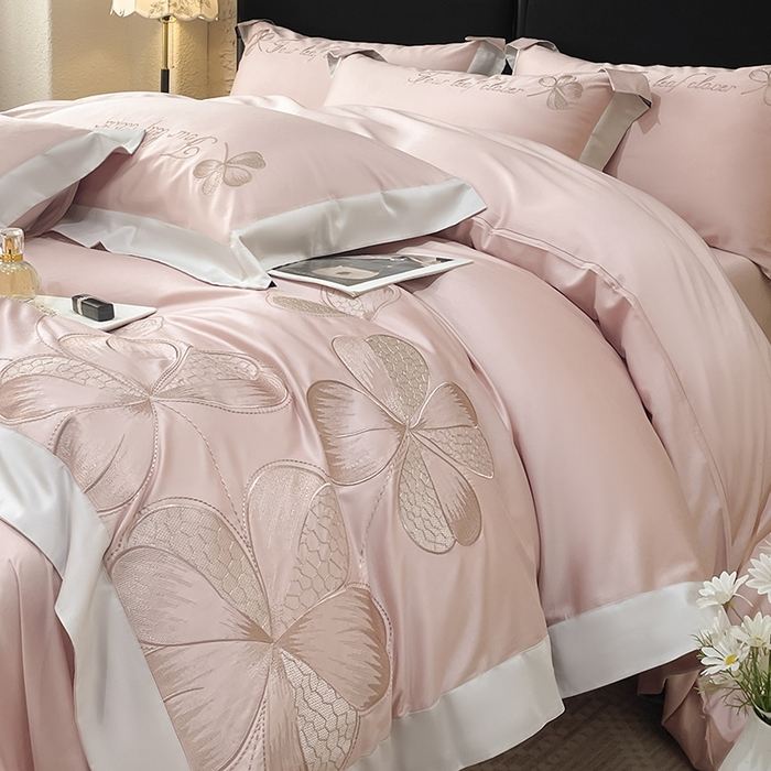 91家纺网 家纺一手货源 找家纺 【直播爆款】A类全棉四件套纯棉轻奢重工刺绣床单床笠夏季床单床笠床上用品 绮梦-颜粉