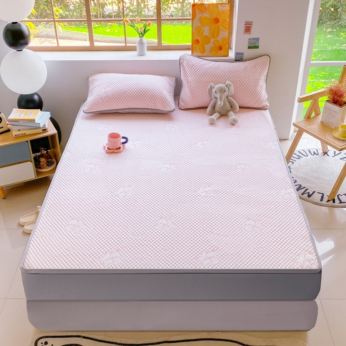 91家纺网 家纺一手货源 找家纺 千朵 2025新款凉感PE冰豆豆提花床笠款凉席 星星兔粉