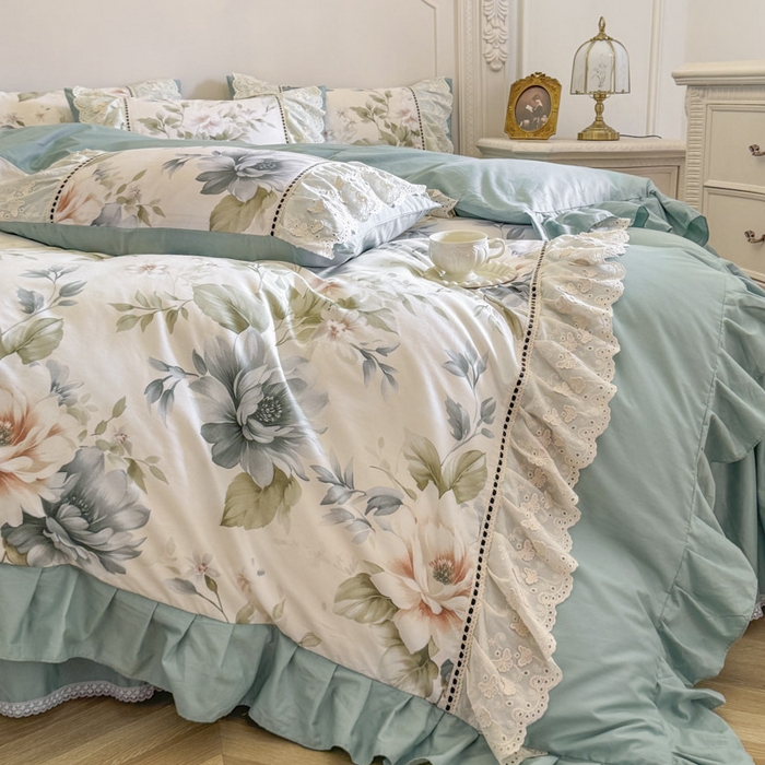 91家纺网 家纺一手货源 找家纺 亲亲公主 2025新款全棉法式花边四件套--米娅 米娅一孔雀蓝