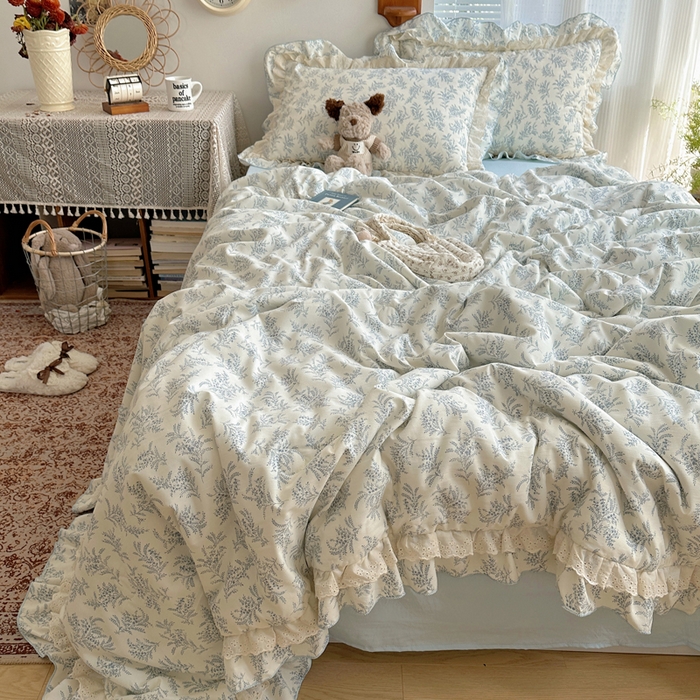 91家纺网 家纺一手货源 找家纺 轻奢坊 2025新款复古风双层纱水洗棉夏被四件套 夏被-麦穗蓝