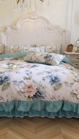 91家纺网 家纺一手货源 找家纺 亲亲公主 2025新款全棉法式花边四件套--米娅 米娅一孔雀蓝