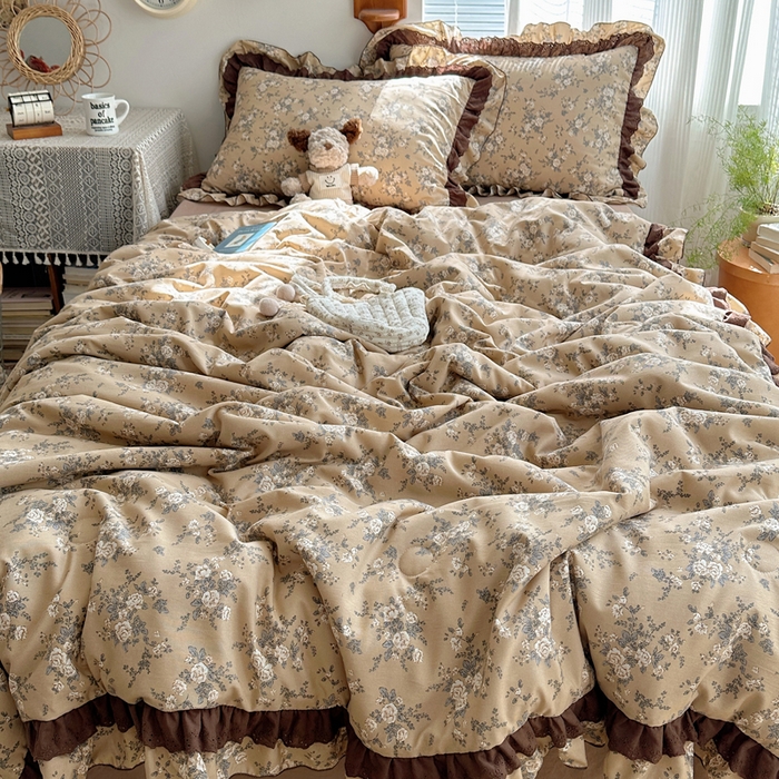 91家纺网 家纺一手货源 找家纺 轻奢坊 2025新款复古风双层纱水洗棉夏被四件套 夏被-莫奈