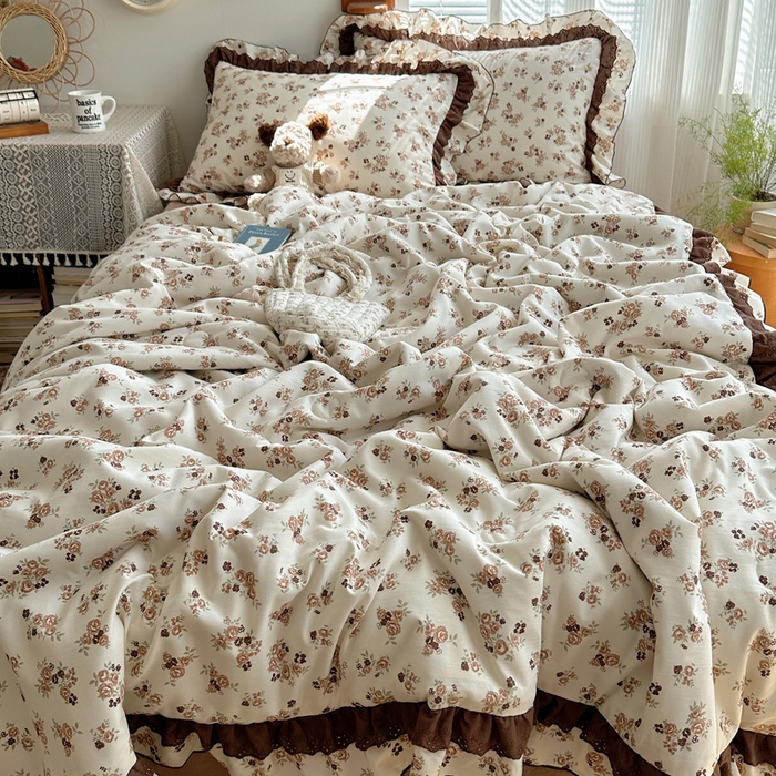 91家纺网 家纺一手货源 找家纺 轻奢坊 2025新款复古风双层纱水洗棉夏被四件套 夏被-木槿