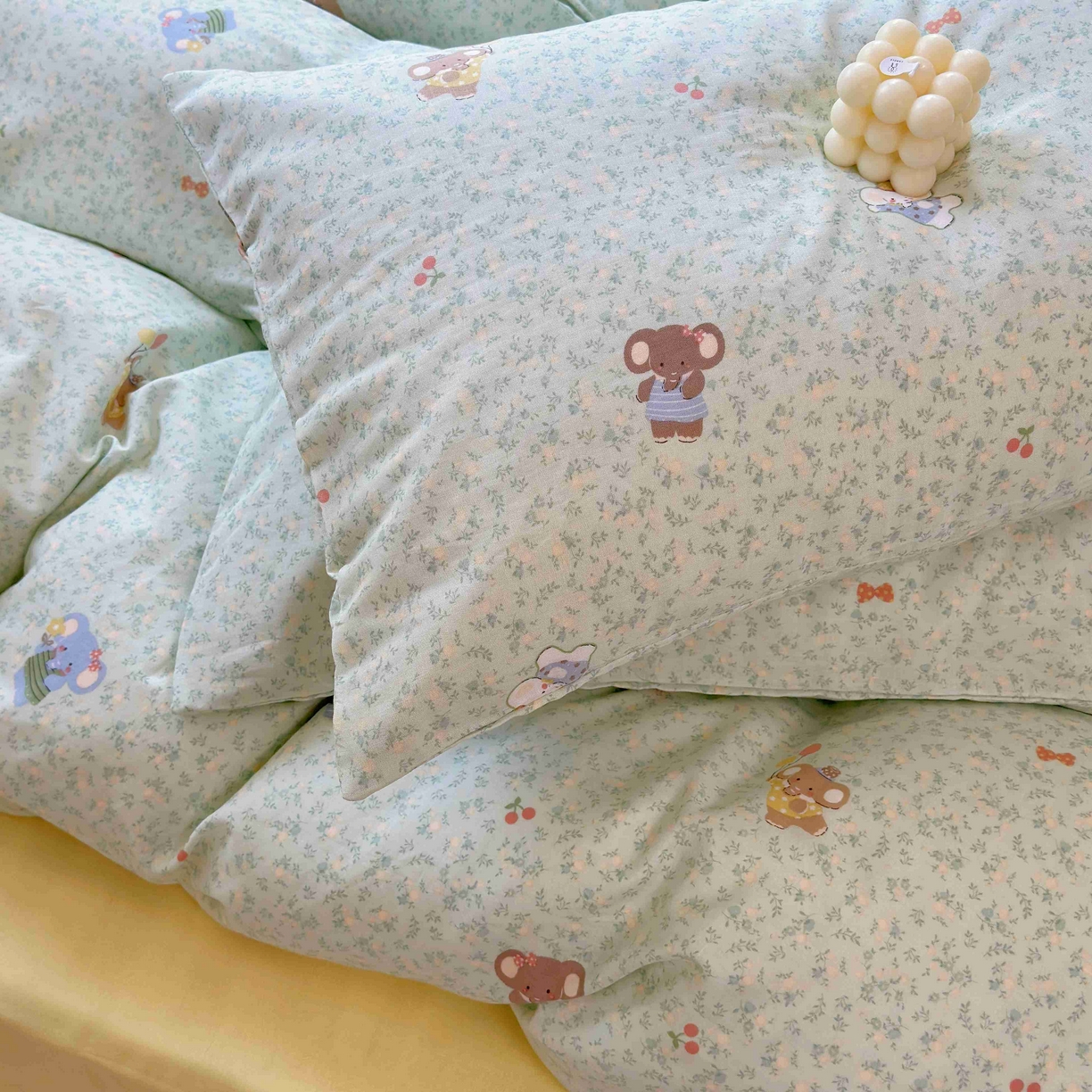 91家纺网 家纺一手货源 找家纺 于果 2025新款双层纱四件套第五批 少女象（绿）