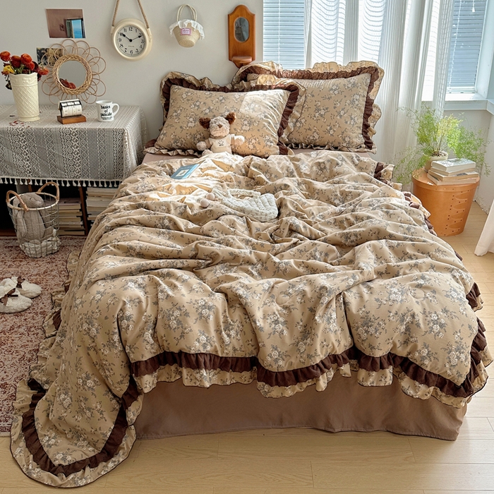 91家纺网 家纺一手货源 找家纺 轻奢坊 2025新款复古风双层纱水洗棉夏被四件套 夏被-莫奈