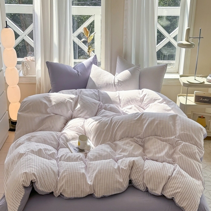 缦绣阁家纺 2025新款无印风条纹水洗磨毛四件套简约风4件套学生宿舍三件套 良品条纹紫