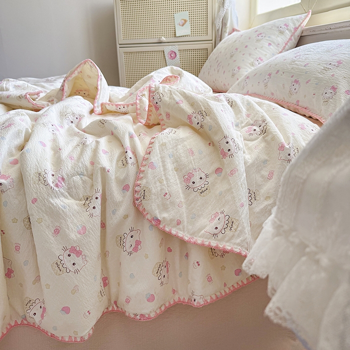 91家纺网 家纺一手货源 找家纺 晚爱家纺（原晚安家居）  2025新款A类母婴级云感双层纱三角针夏被贝壳边夏凉被春夏贝壳绣【可提供买家秀】 粉色KT猫