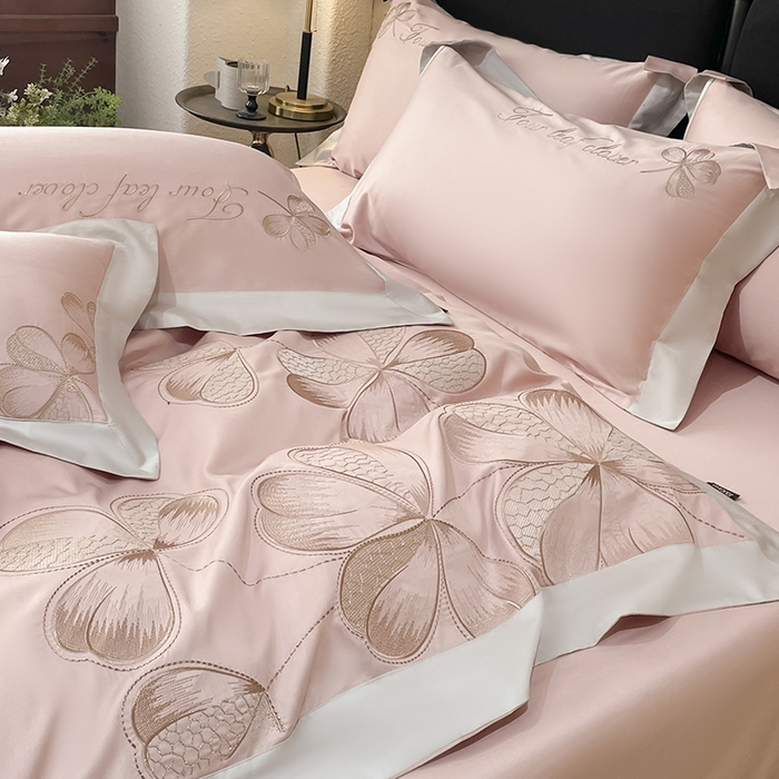 91家纺网 家纺一手货源 找家纺 【直播爆款】A类全棉四件套纯棉轻奢重工刺绣床单床笠夏季床单床笠床上用品 绮梦-颜粉