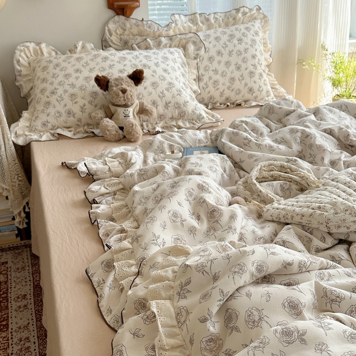 91家纺网 家纺一手货源 找家纺 轻奢坊 2025新款复古风双层纱水洗棉夏被四件套 夏被-玫瑰