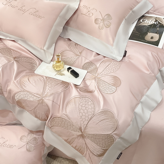 91家纺网 家纺一手货源 找家纺 【直播爆款】A类全棉四件套纯棉轻奢重工刺绣床单床笠夏季床单床笠床上用品 绮梦-颜粉