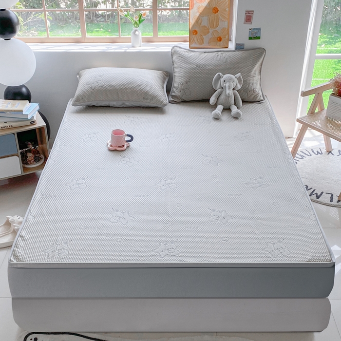 91家纺网 家纺一手货源 找家纺 千朵 2025新款凉感PE冰豆豆提花床笠款凉席 星星兔香槟