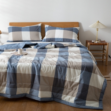缦绣阁家纺 2025春夏新款无印风格子夏凉被亲肤柔软裸睡级色织水洗棉大豆夏被空调被可机洗凉感夏被 蓝大格