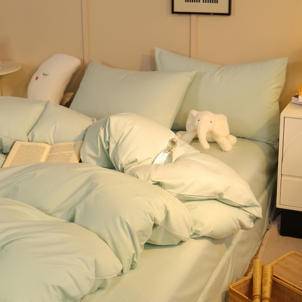 缦绣阁家纺 2025新款亲肤水洗棉纯色双拼四件套简约风床单款床笠款四件套宿舍三件套 纯色水绿