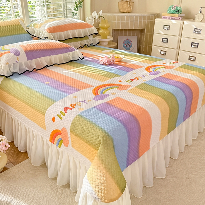 91家纺网 家纺一手货源 找家纺 金盛皇朝家纺 2025夏季新款冰丝凉豆豆床盖凉席 绚丽彩虹