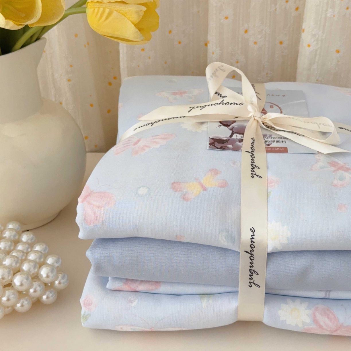 91家纺网 家纺一手货源 找家纺 于果 2025新款双层纱四件套第五批 雨蝶