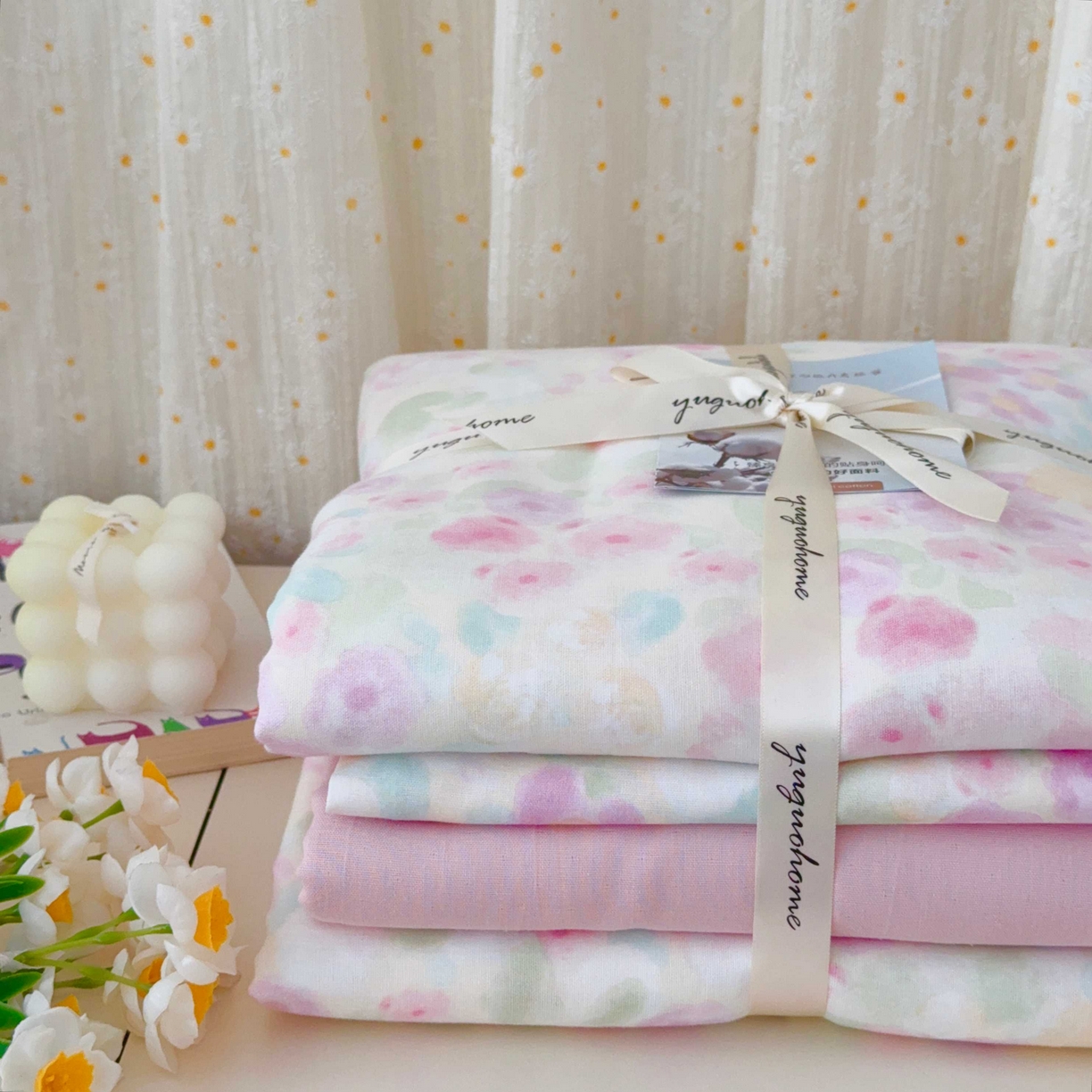 91家纺网 家纺一手货源 找家纺 于果 2025新款双层纱四件套第五批 桃之夭夭