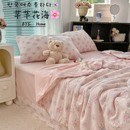 91家纺网 家纺一手货源 找家纺 暖伊家居2025新款云感双层纱夏被四件套 芊芊花海