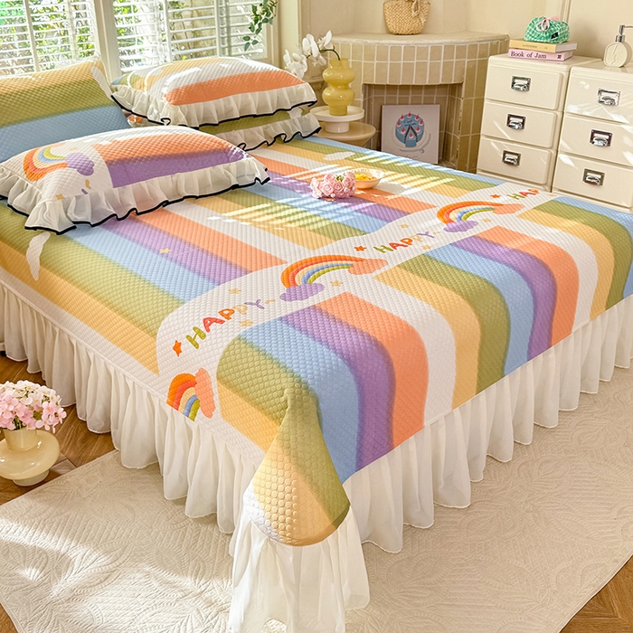 91家纺网 家纺一手货源 找家纺 金盛皇朝家纺 2025夏季新款冰丝凉豆豆床盖凉席 绚丽彩虹